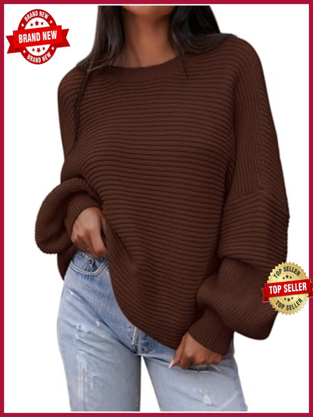 Oversized Chunky Knit Sweater Lantern Sleeve Crew Neck Pullover